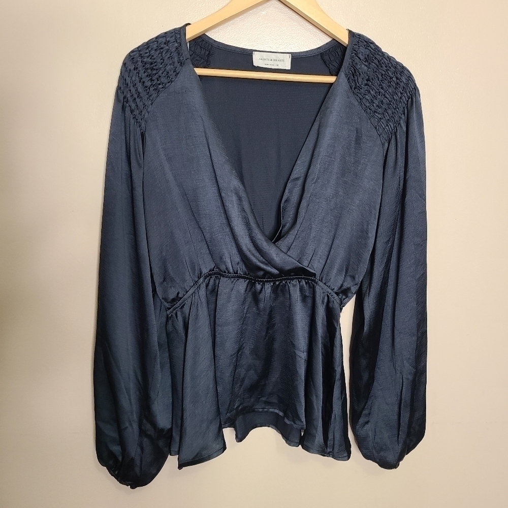 Saints & Hearts Black Satin Faux Wrap Blouse